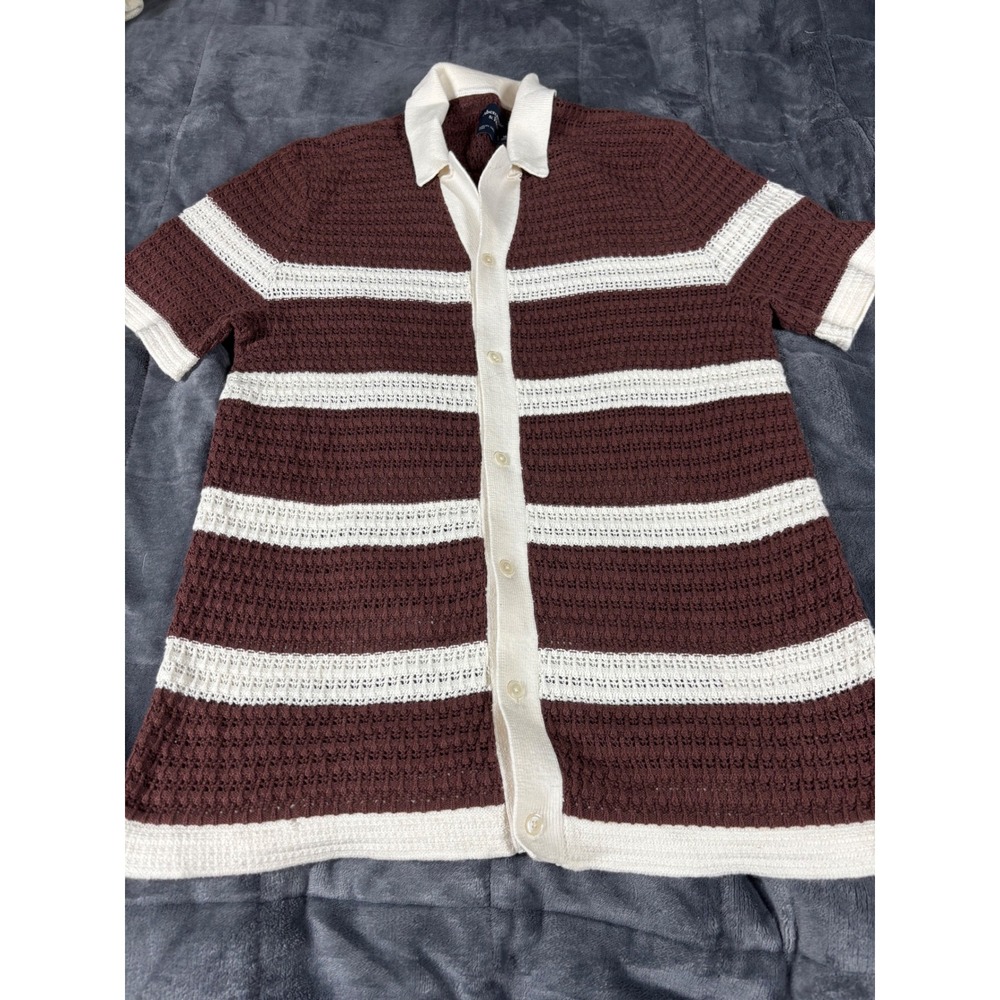 Abercrombie & Fitch‎ Mens Brown Cream Striped Crochet Knit Button Polo Shirt M